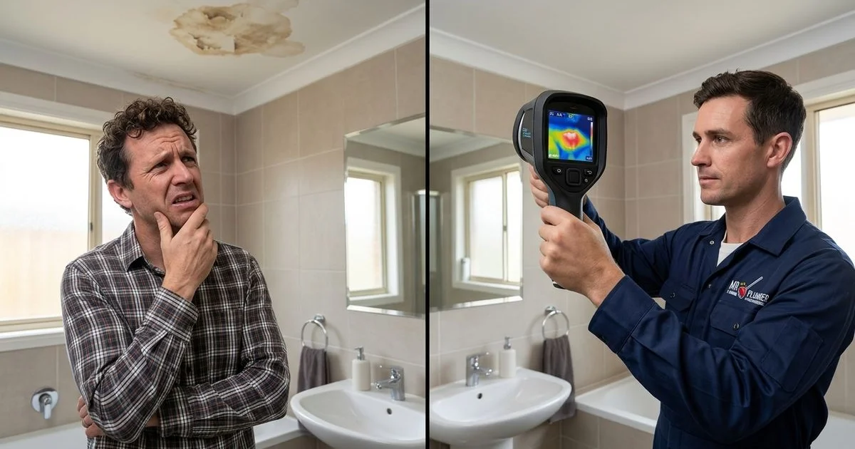 Homeowner checking under a sink for leaks compared to a plumber using professional detection equipment