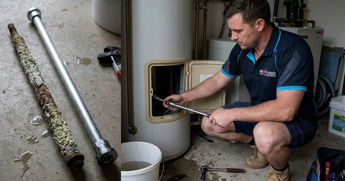 Plumber performing maintenance on a hot water system to extend its lifespan