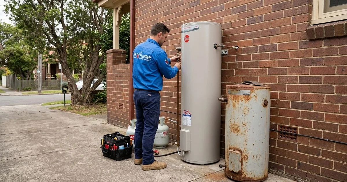 Plumber installing a new hot water system at a Sydney Eastern Suburbs home