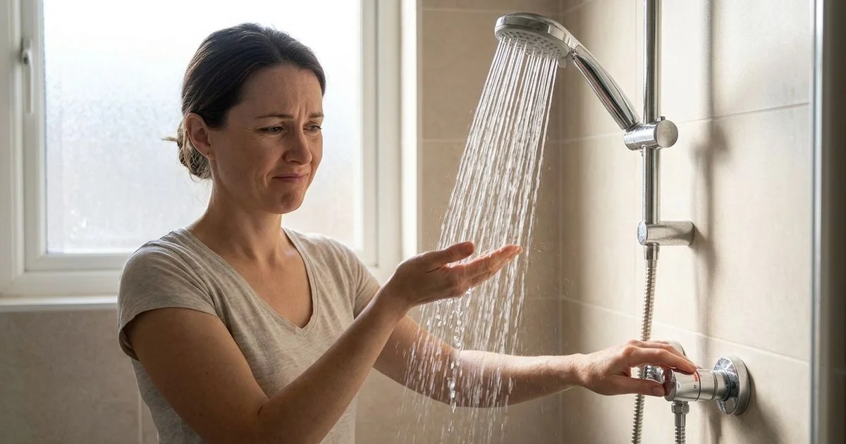 Person turning on a tap with no hot water coming out and looking concerned