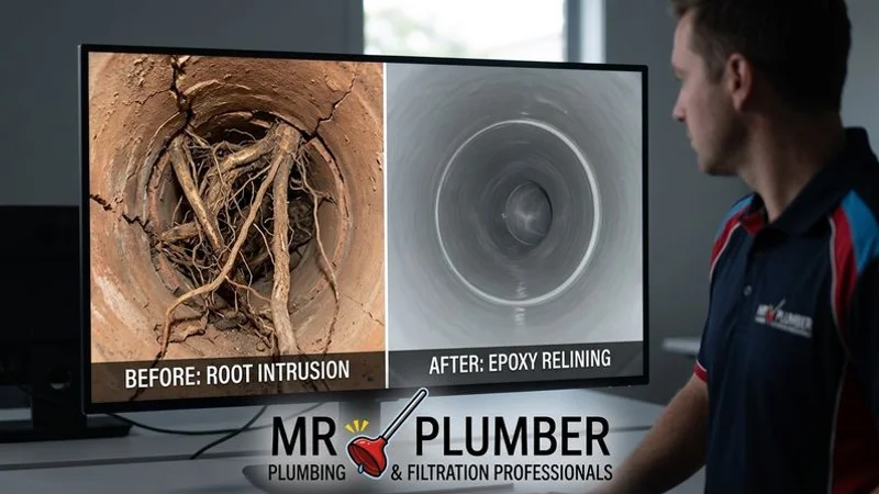 Before and after CCTV footage showing a damaged pipe and the smooth relined result