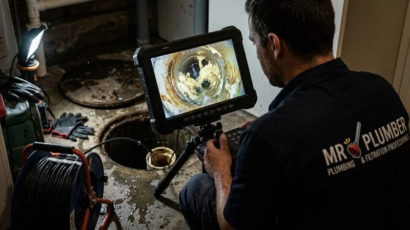 Plumber performing CCTV inspection to diagnose blocked drain type