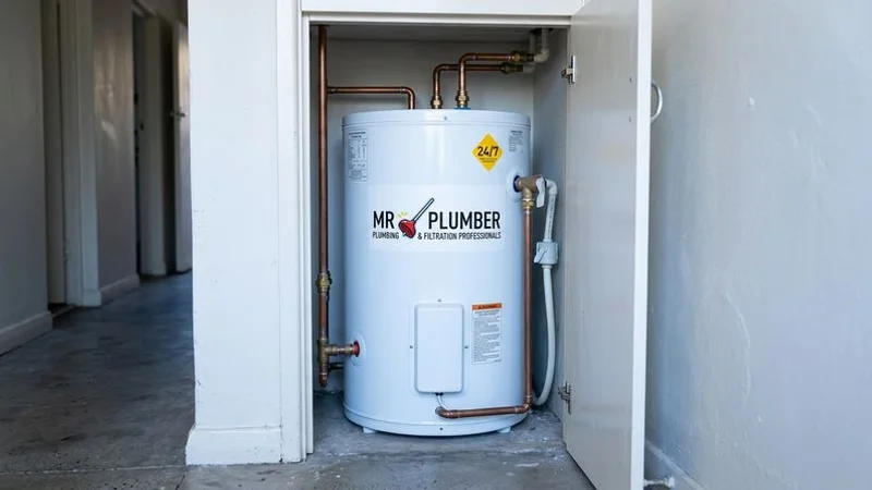 Electric storage hot water system installed in a Sydney apartment laundry