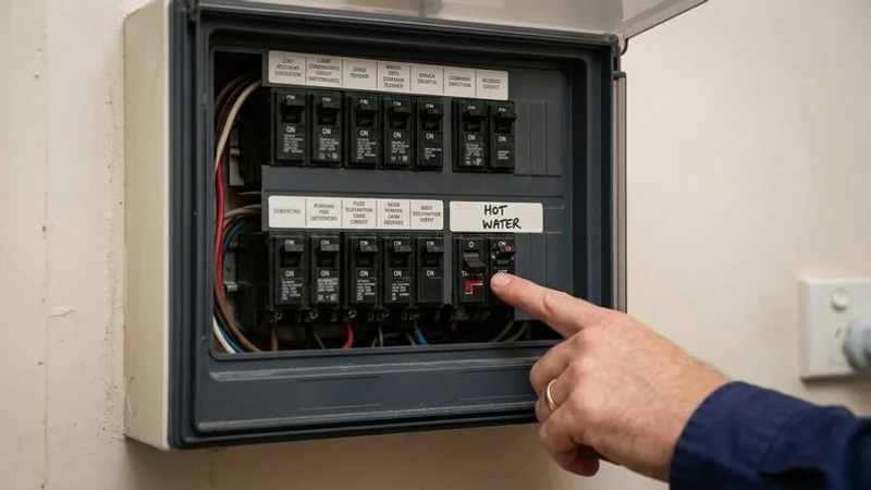 Electrical switchboard showing the hot water system circuit breaker