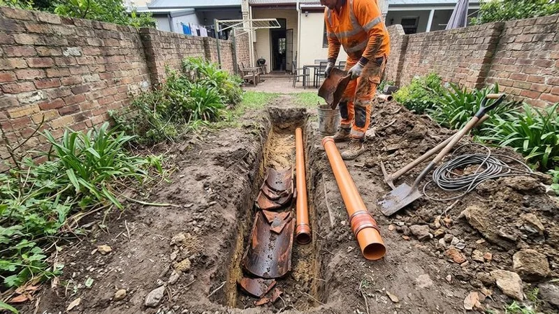 Excavated trench showing a completely collapsed drain pipe being replaced