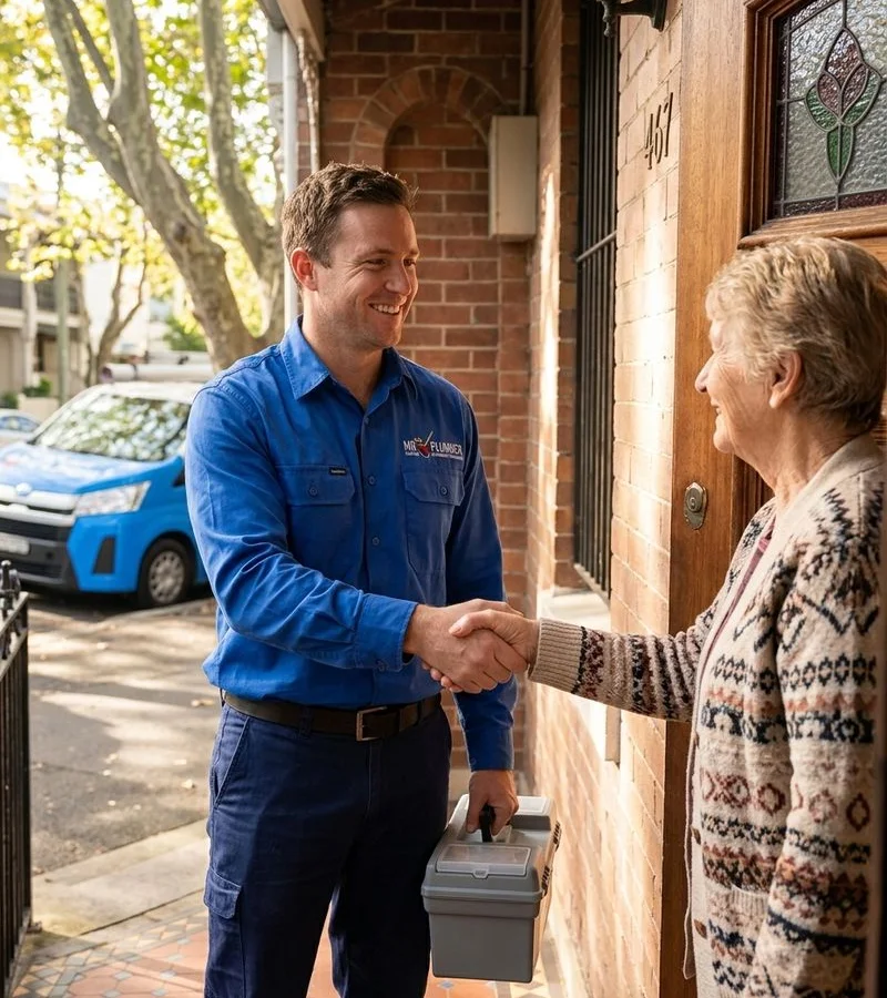 Mr Plumber professional greeting homeowner at front door in Bondi