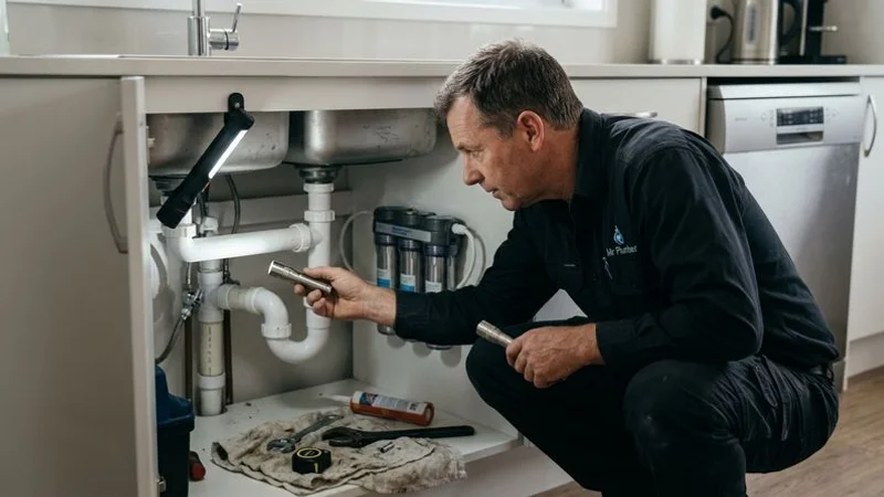 Homeowner inspecting plumbing connections under a kitchen sink