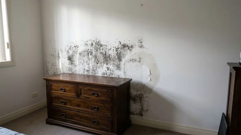 Mould growing on a wall behind furniture caused by a hidden water leak