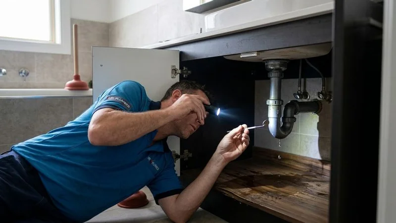 Plumber inspecting a slow leak behind a bathroom vanity