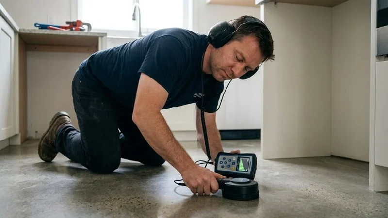 Professional plumber using acoustic leak detection equipment on a concrete floor