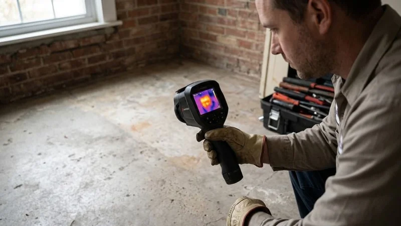 Plumber using thermal imaging camera to detect a slab leak in a Sydney home